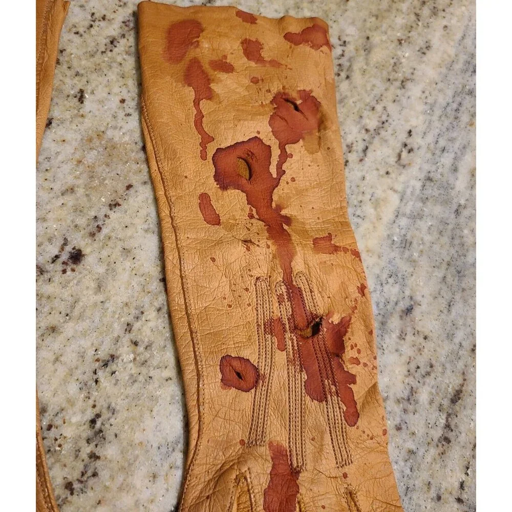 Vintage Size S Brown Leather Gloves Fake Bloody Horror Costume Slashed Worn